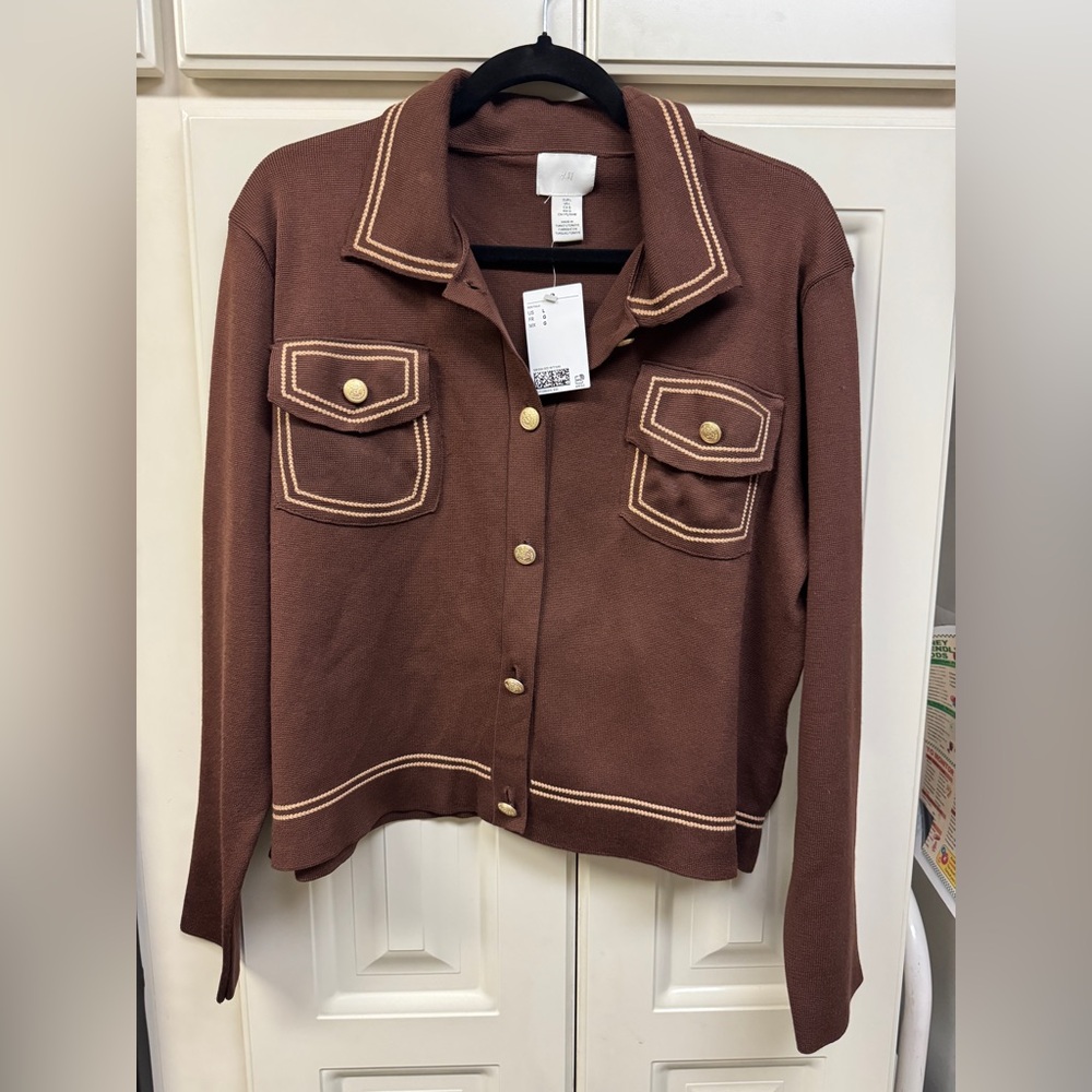H&M Brown Knit Jacket/Sweater with tan Contrast Stitching